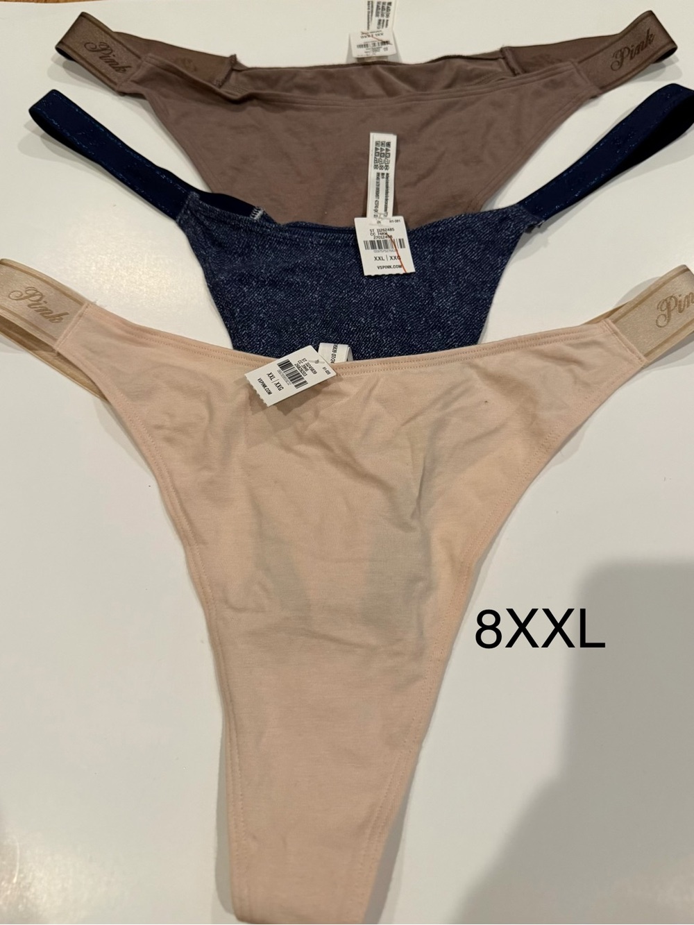 VS Pink 3 piece thong panties-tan, brown, blue jean